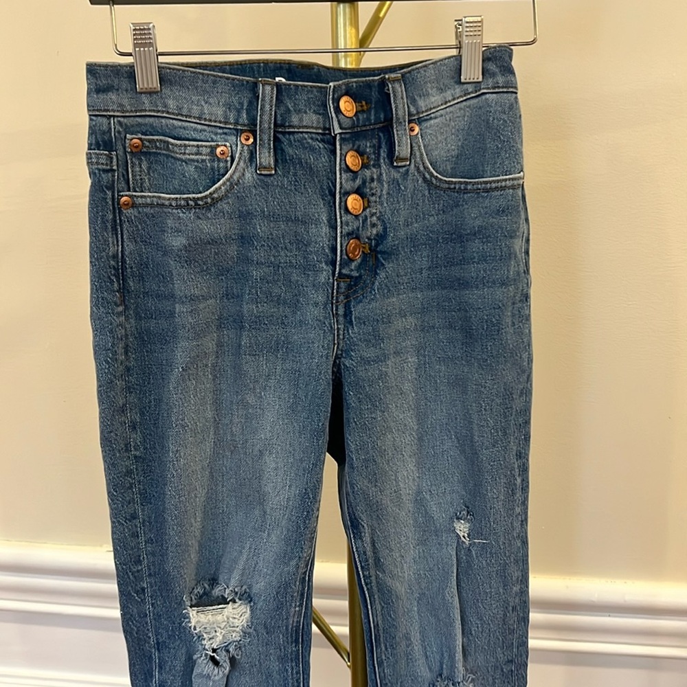 jcrew bootcut denim button fly size 24.  distressed denim with frayed bottom